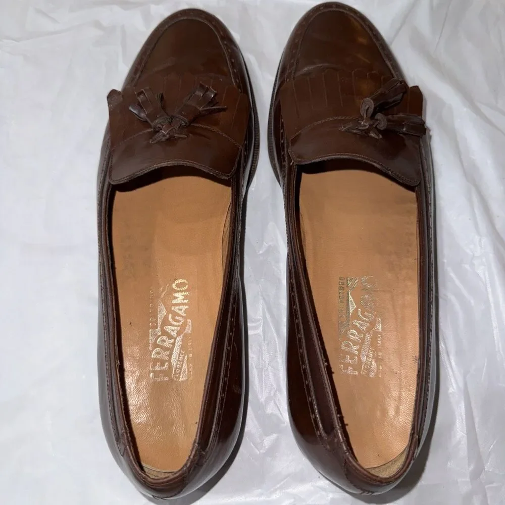 Salvatore Ferragamo Mens 10.5D Brown Leather Kiltie Tassel Loafers Moc Toe Italy